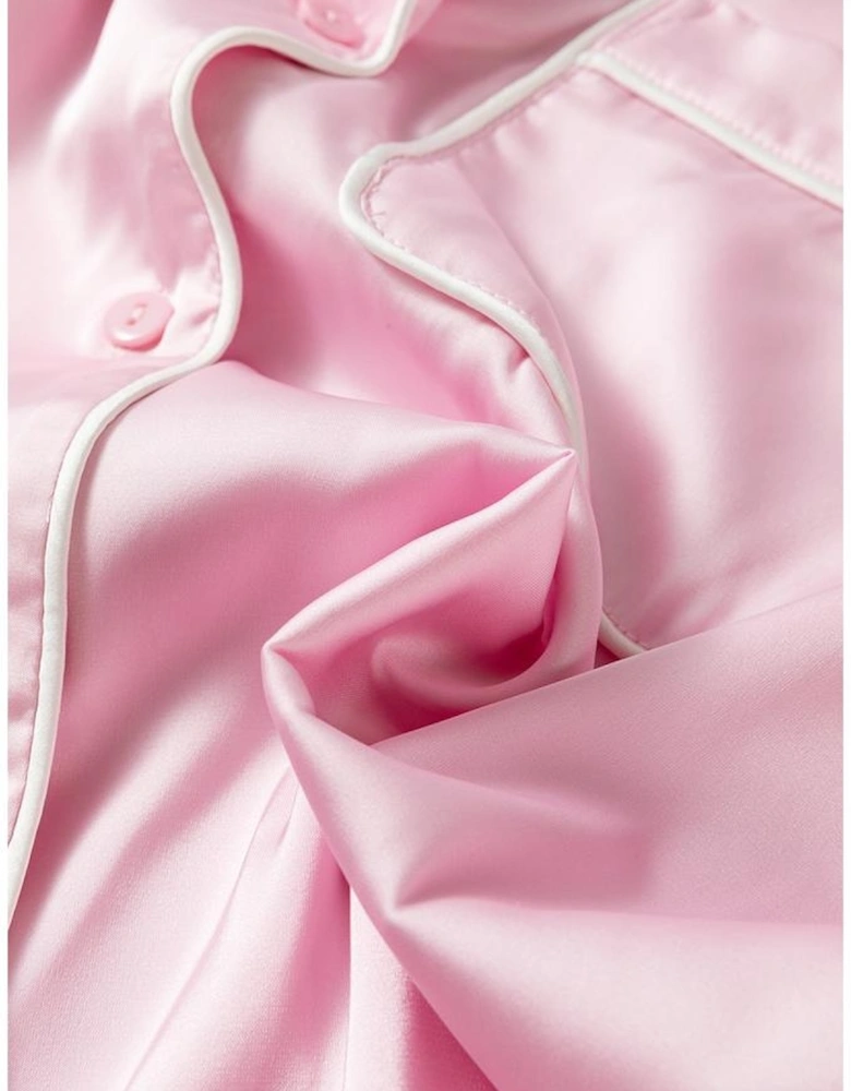 Light Pink Satin Knot Accent Shirt and Ruffled Pants Lounge Set