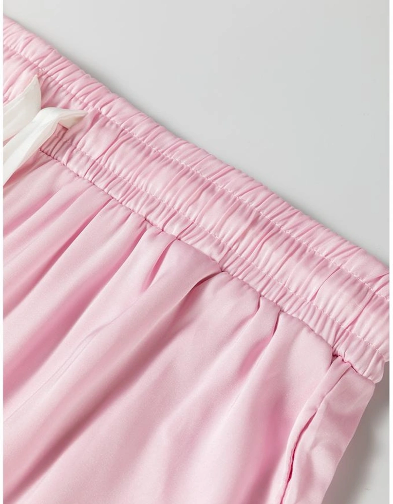 Light Pink Satin Knot Accent Shirt and Ruffled Pants Lounge Set