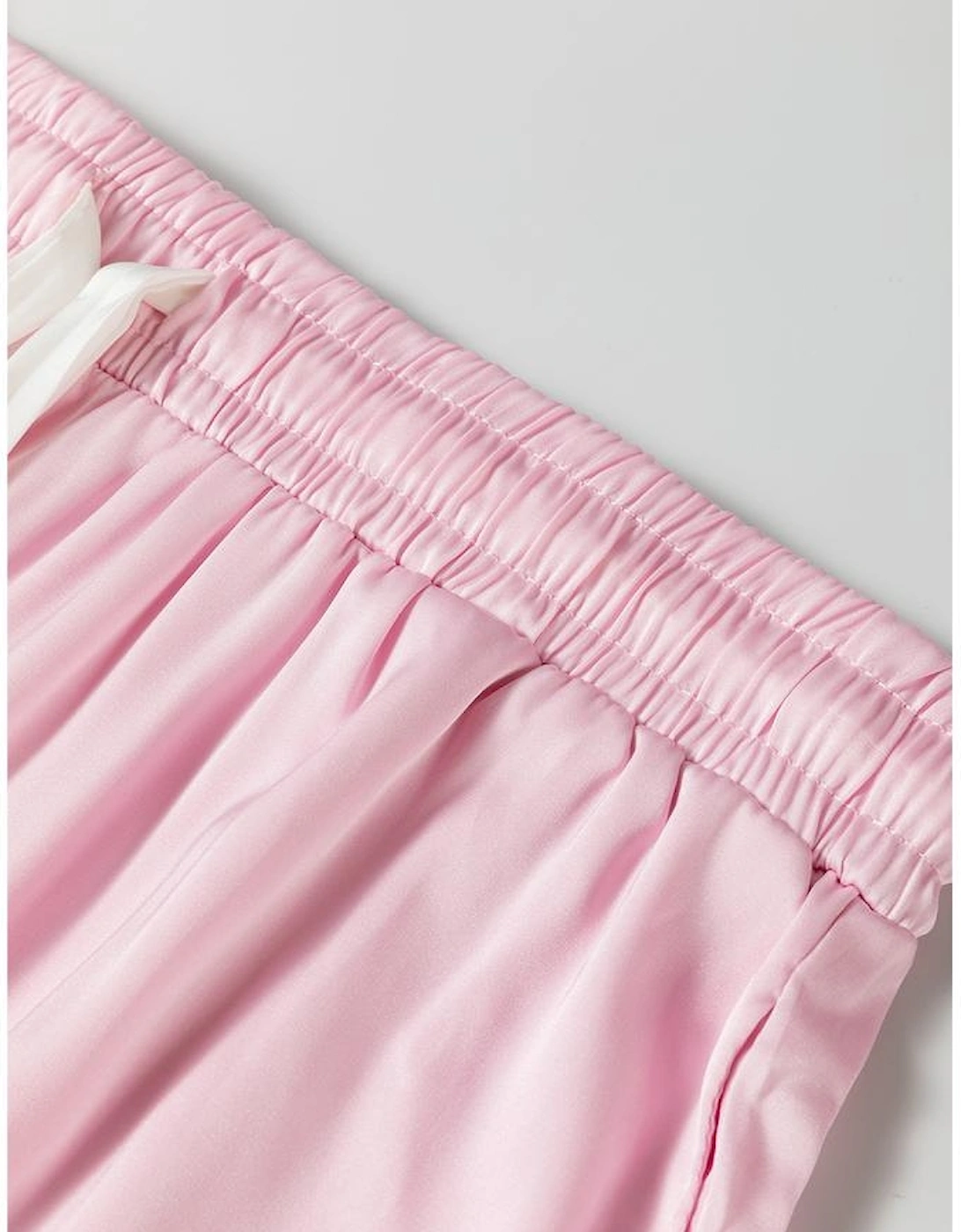 Light Pink Satin Knot Accent Shirt and Ruffled Pants Lounge Set