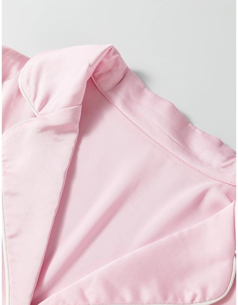 Light Pink Satin Knot Accent Shirt and Ruffled Pants Lounge Set