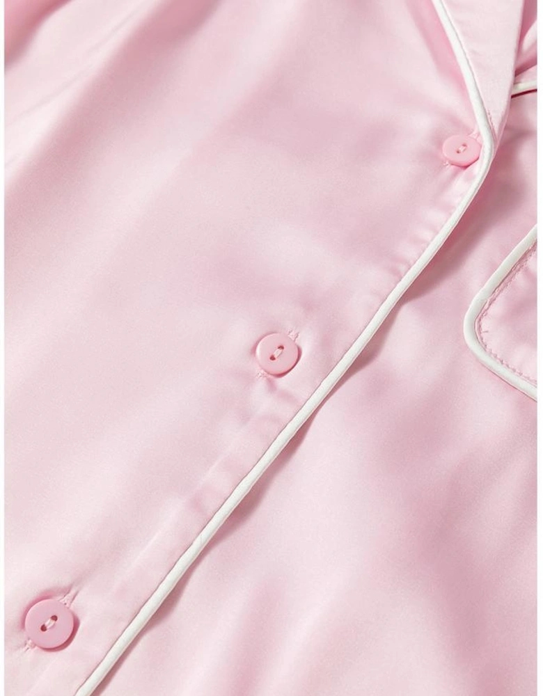 Light Pink Satin Knot Accent Shirt and Ruffled Pants Lounge Set