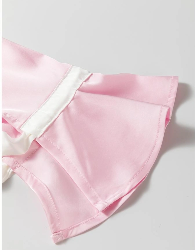 Light Pink Satin Knot Accent Shirt and Ruffled Pants Lounge Set