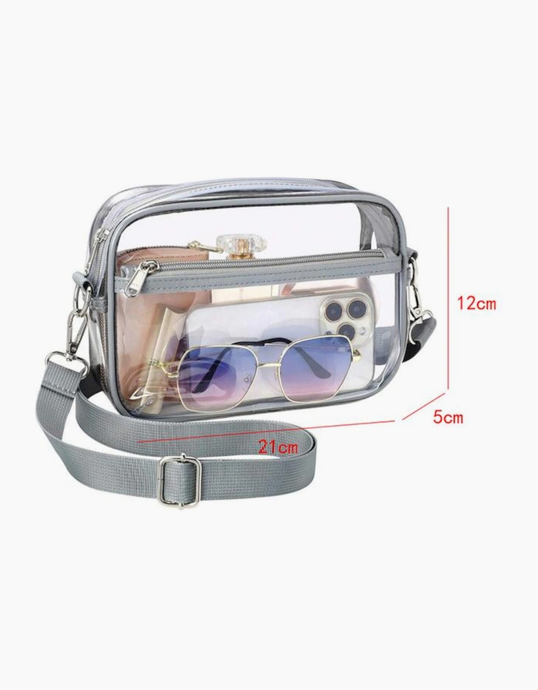 Gray Multi-Pocket Contrast Edge Detachable Strap Clear Shoulder Bag