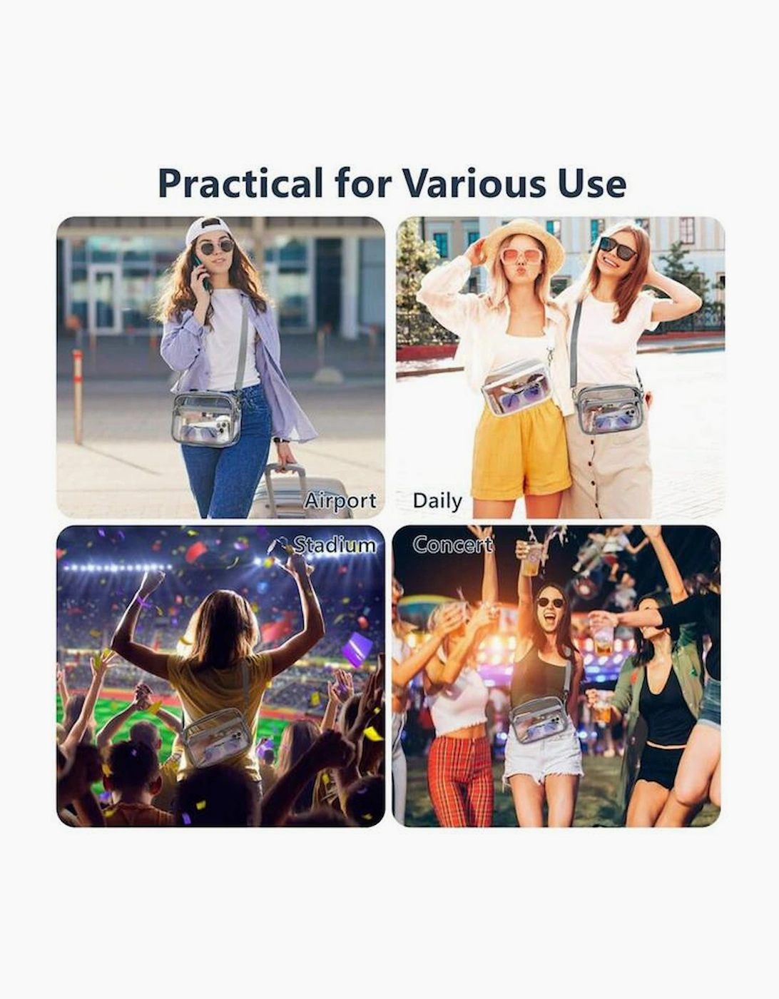 Gray Multi-Pocket Contrast Edge Detachable Strap Clear Shoulder Bag