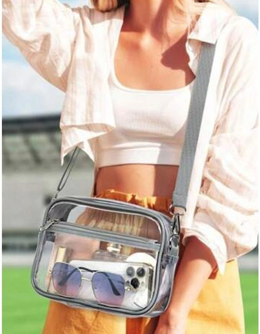 Gray Multi-Pocket Contrast Edge Detachable Strap Clear Shoulder Bag