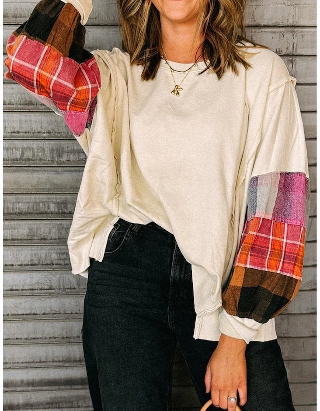 Beige Contrast Plaid Long Sleeve Exposed Seam Patchwork Top