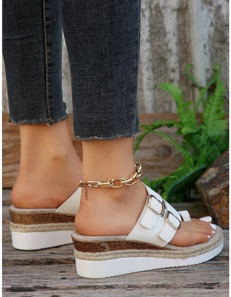 Azura Exchange White Buckled Straps Slip-on Wedge Slippers