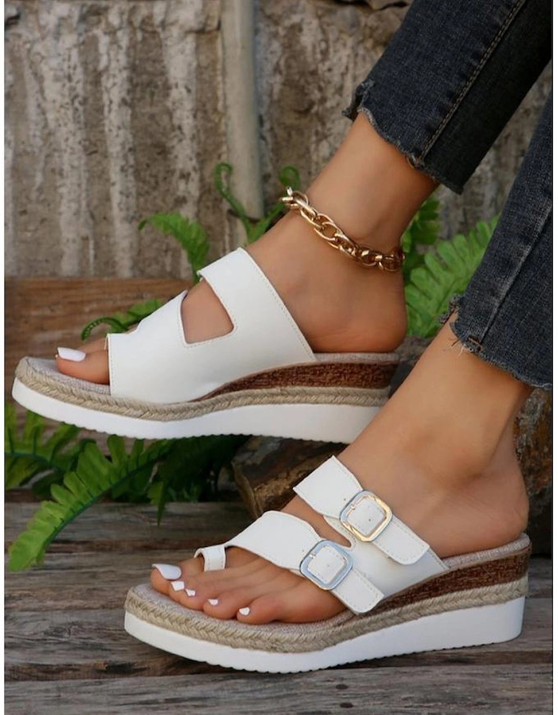 Azura Exchange White Buckled Straps Slip-on Wedge Slippers