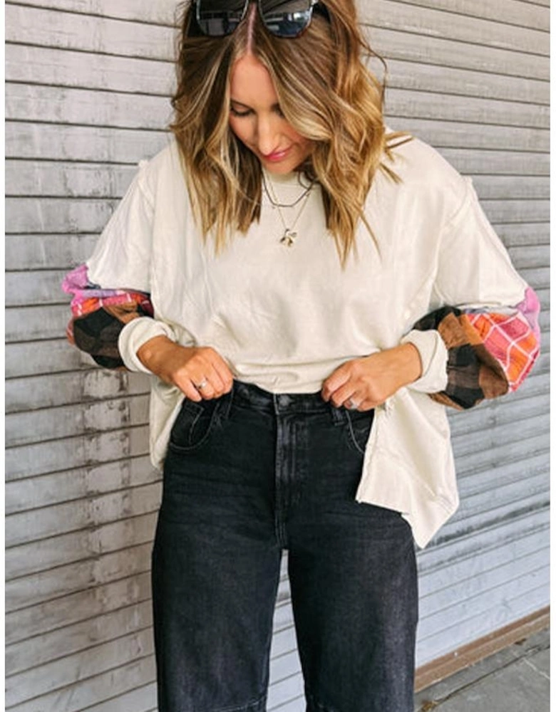 Beige Contrast Plaid Long Sleeve Exposed Seam Patchwork Top