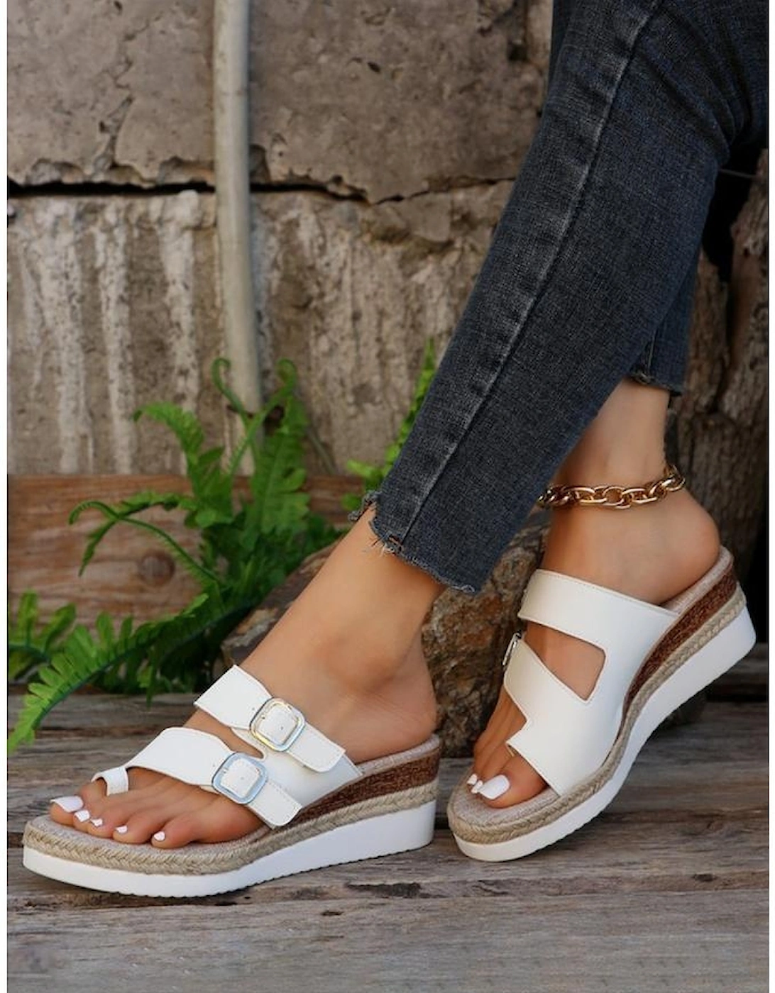 Azura Exchange White Buckled Straps Slip-on Wedge Slippers