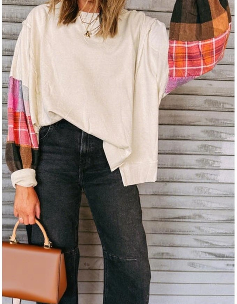 Beige Contrast Plaid Long Sleeve Exposed Seam Patchwork Top