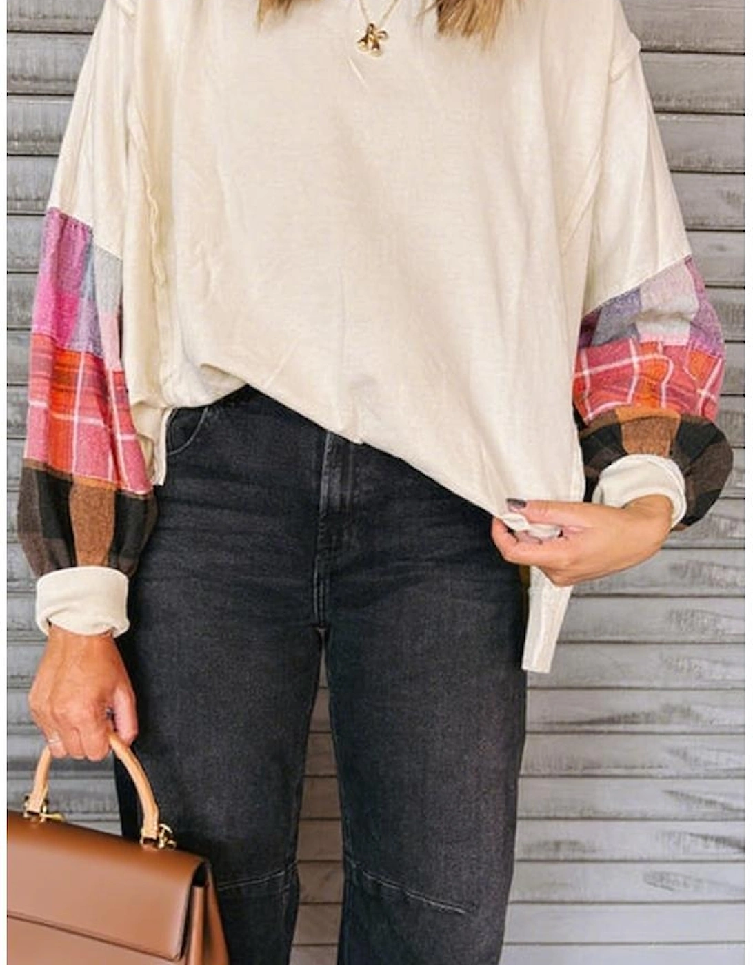 Beige Contrast Plaid Long Sleeve Exposed Seam Patchwork Top
