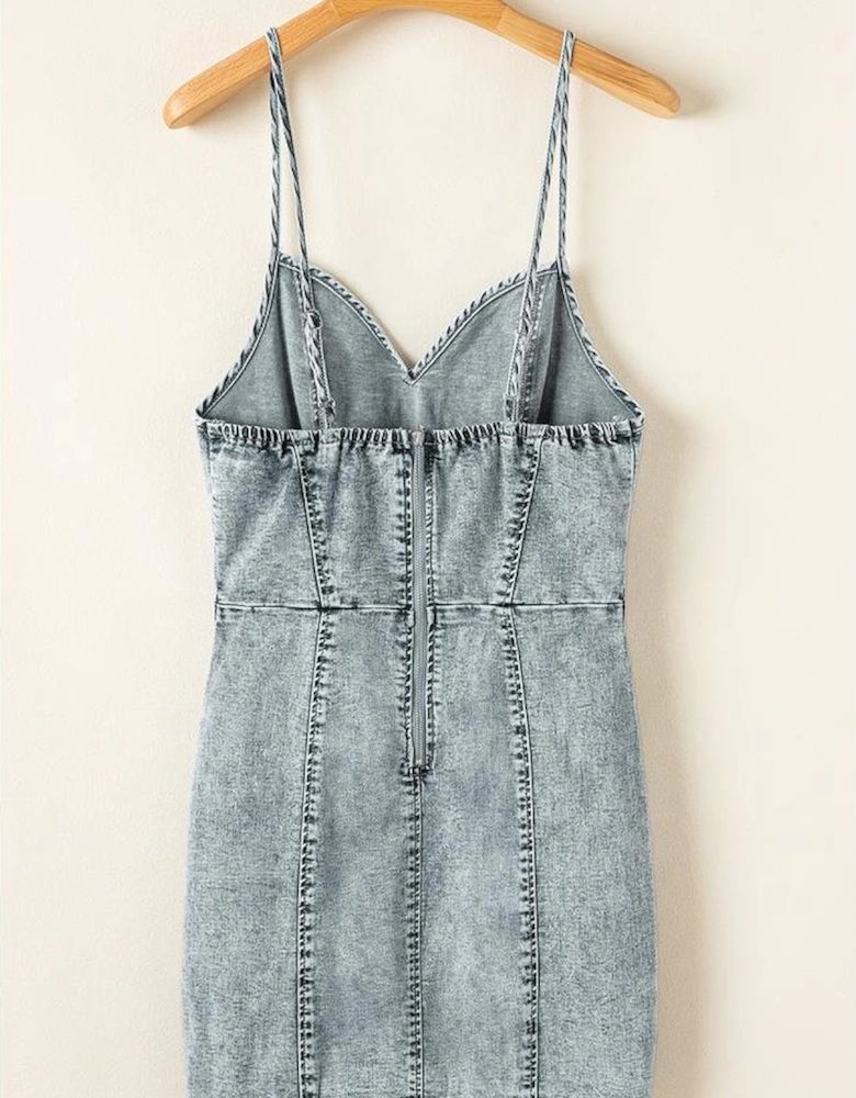 Beau Blue Sleeveless V Neck Back Zipped Denim Dress