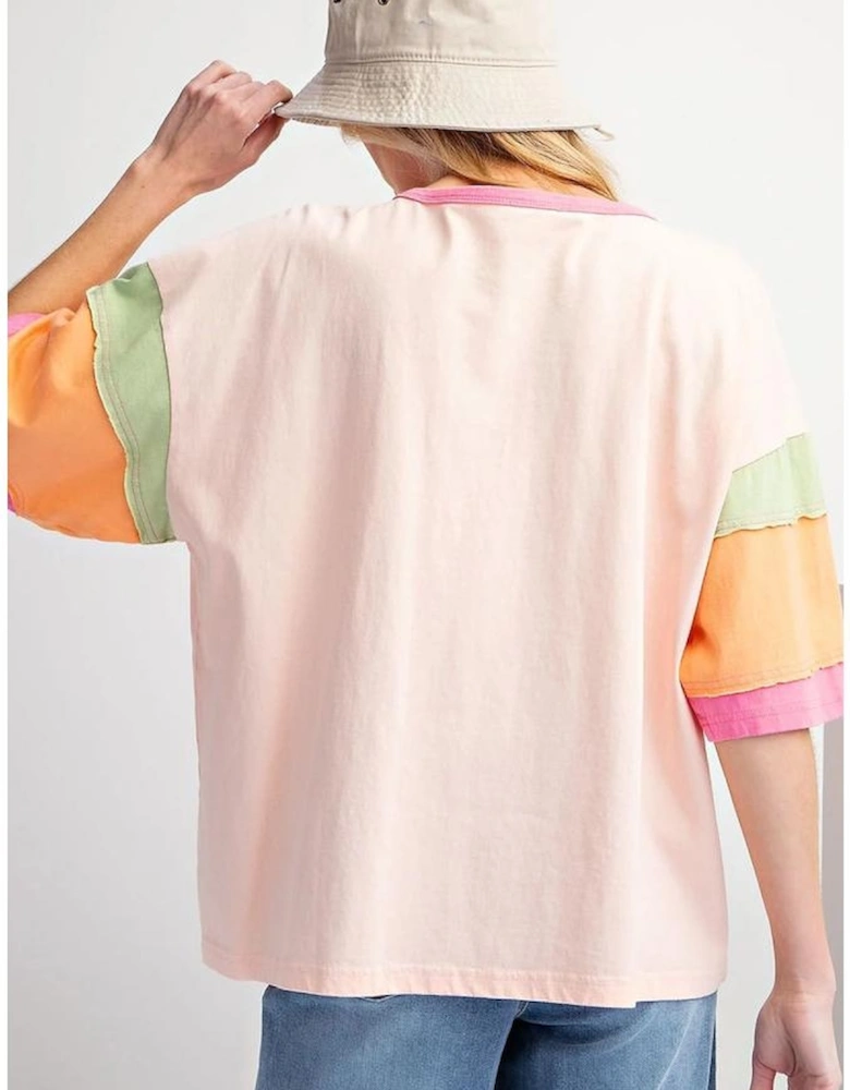 Pink Color Block Stitching Sleeve Round Neck Oversize Top