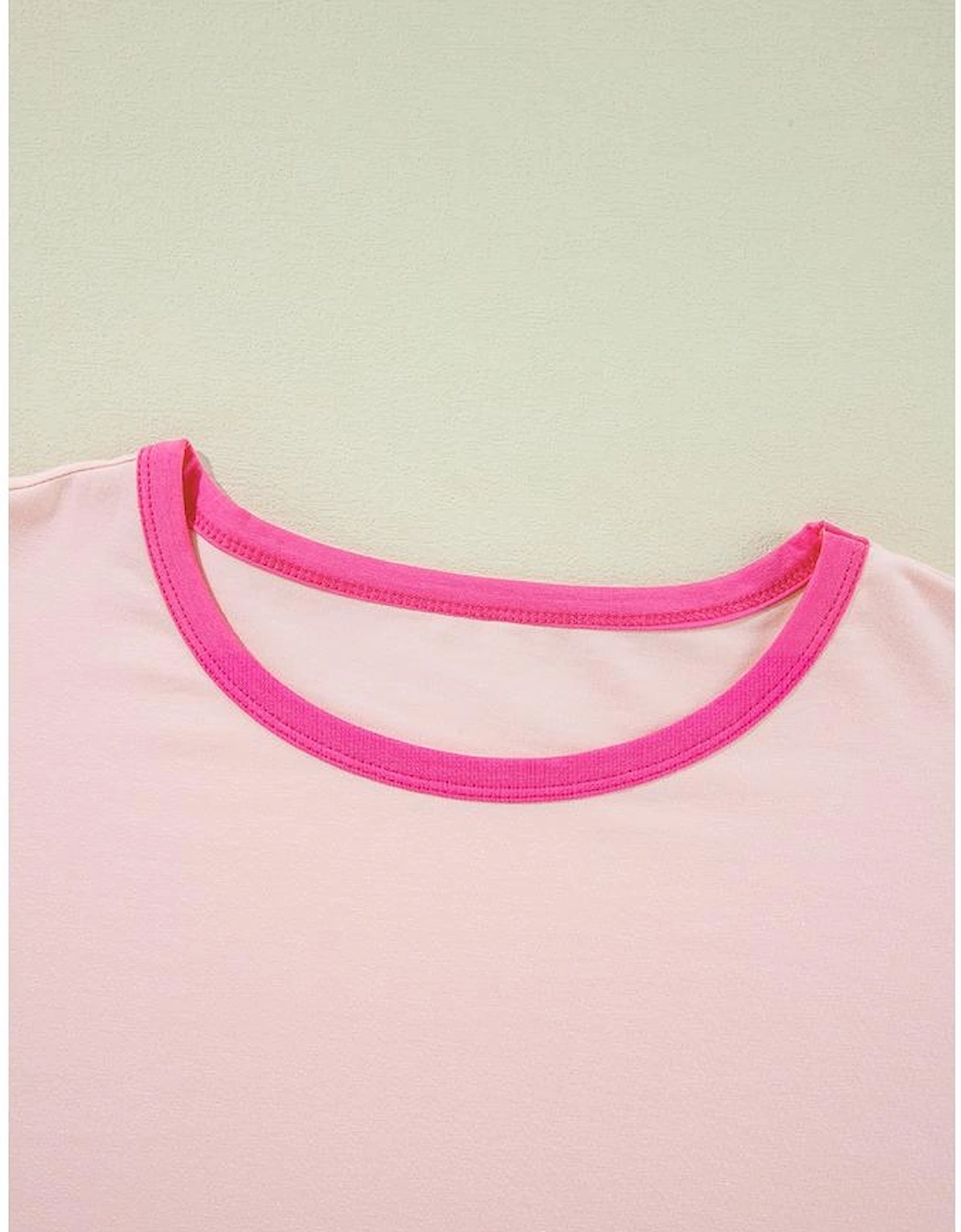 Pink Color Block Stitching Sleeve Round Neck Oversize Top