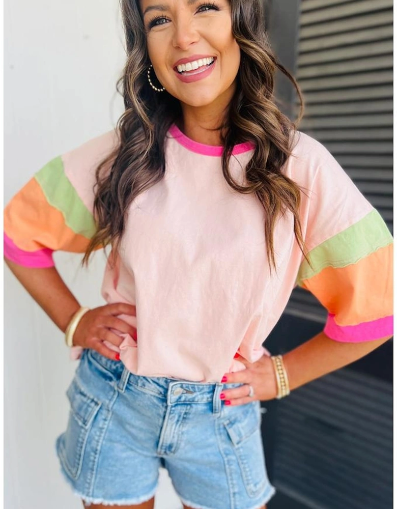 Pink Color Block Stitching Sleeve Round Neck Oversize Top