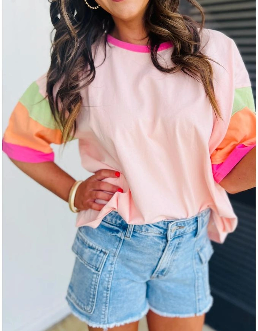 Pink Color Block Stitching Sleeve Round Neck Oversize Top