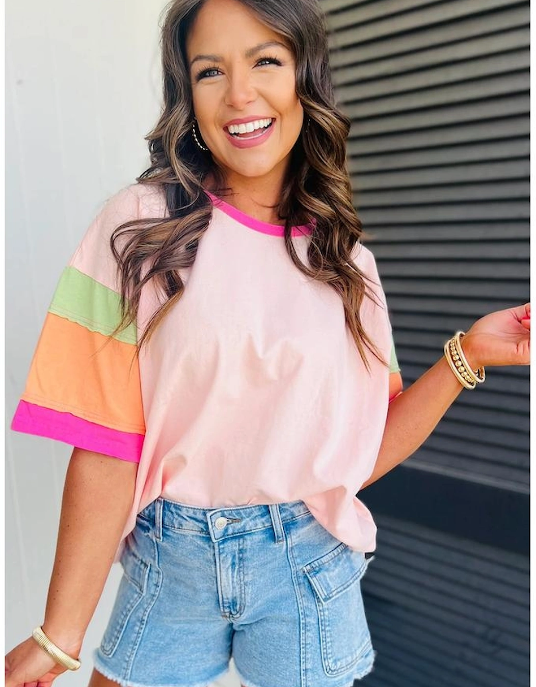 Pink Color Block Stitching Sleeve Round Neck Oversize Top