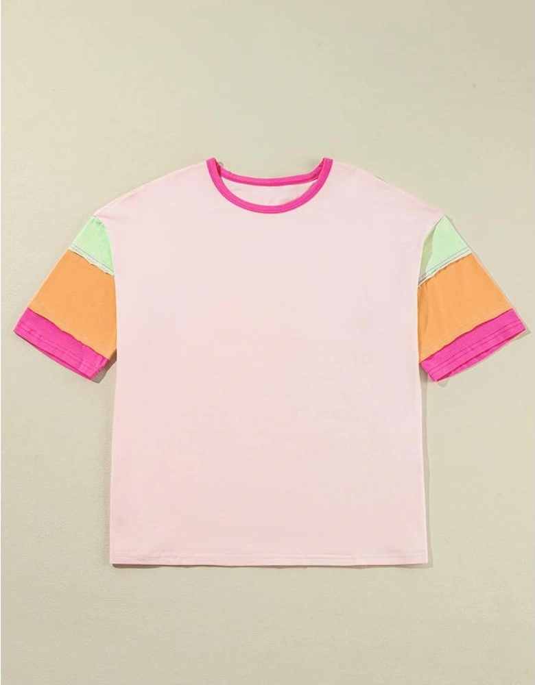 Pink Color Block Stitching Sleeve Round Neck Oversize Top