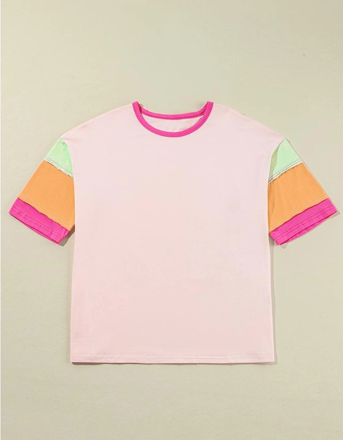 Pink Color Block Stitching Sleeve Round Neck Oversize Top