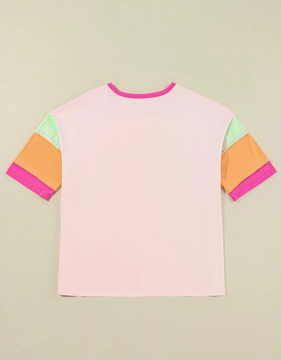 Pink Color Block Stitching Sleeve Round Neck Oversize Top