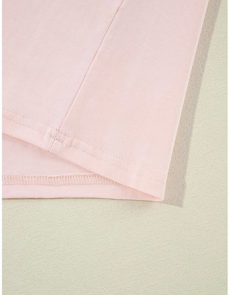 Pink Color Block Stitching Sleeve Round Neck Oversize Top