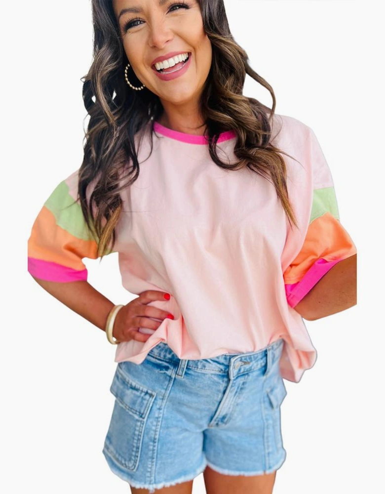 Pink Color Block Stitching Sleeve Round Neck Oversize Top
