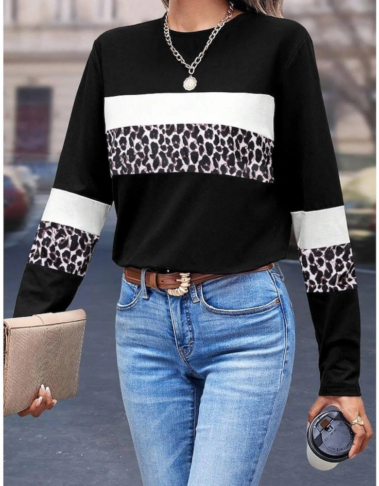 White Leopard Colorblock Patchwork Crew Neck Long Sleeve Tee