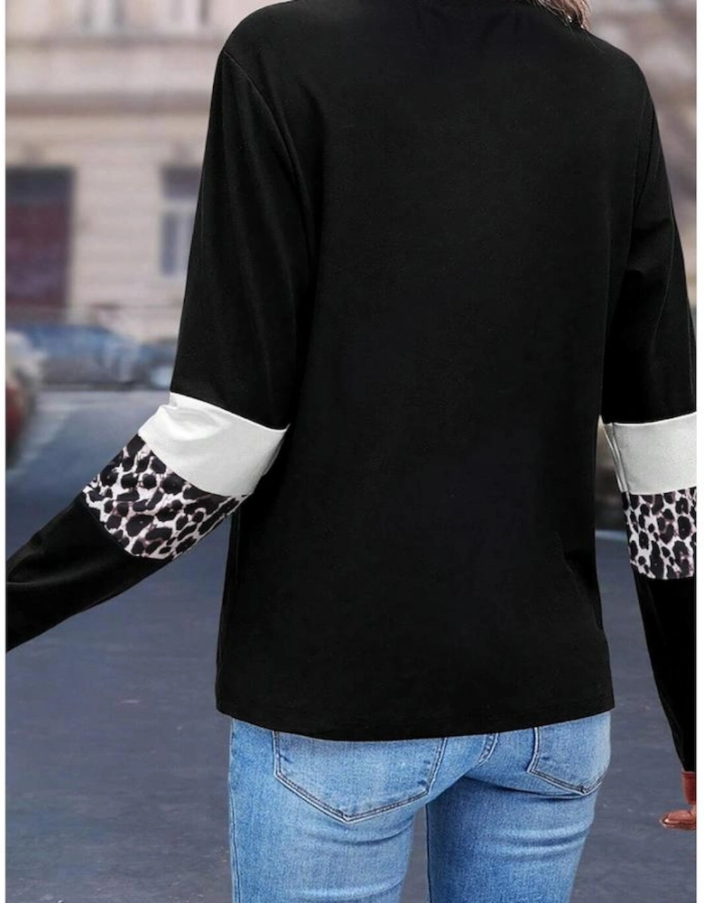 White Leopard Colorblock Patchwork Crew Neck Long Sleeve Tee