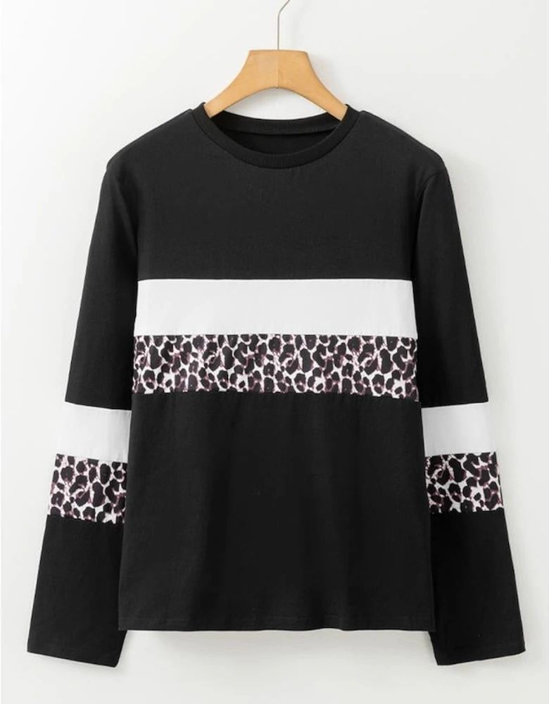 White Leopard Colorblock Patchwork Crew Neck Long Sleeve Tee