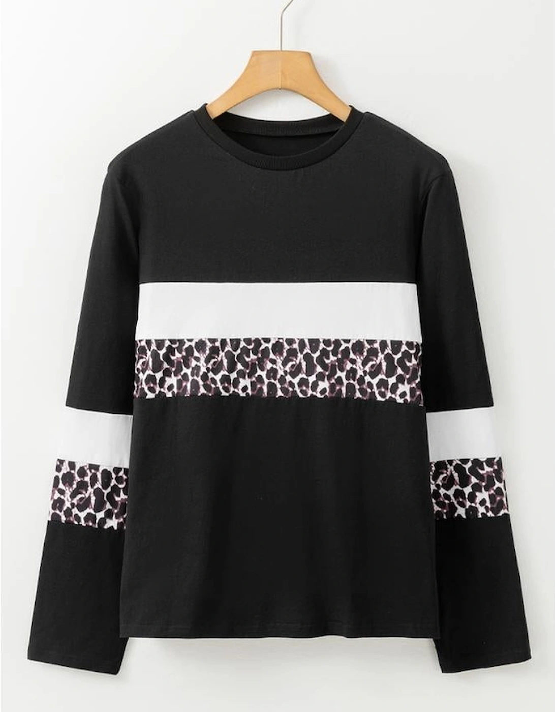 White Leopard Colorblock Patchwork Crew Neck Long Sleeve Tee