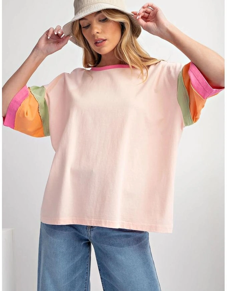 Pink Color Block Stitching Sleeve Round Neck Oversize Top