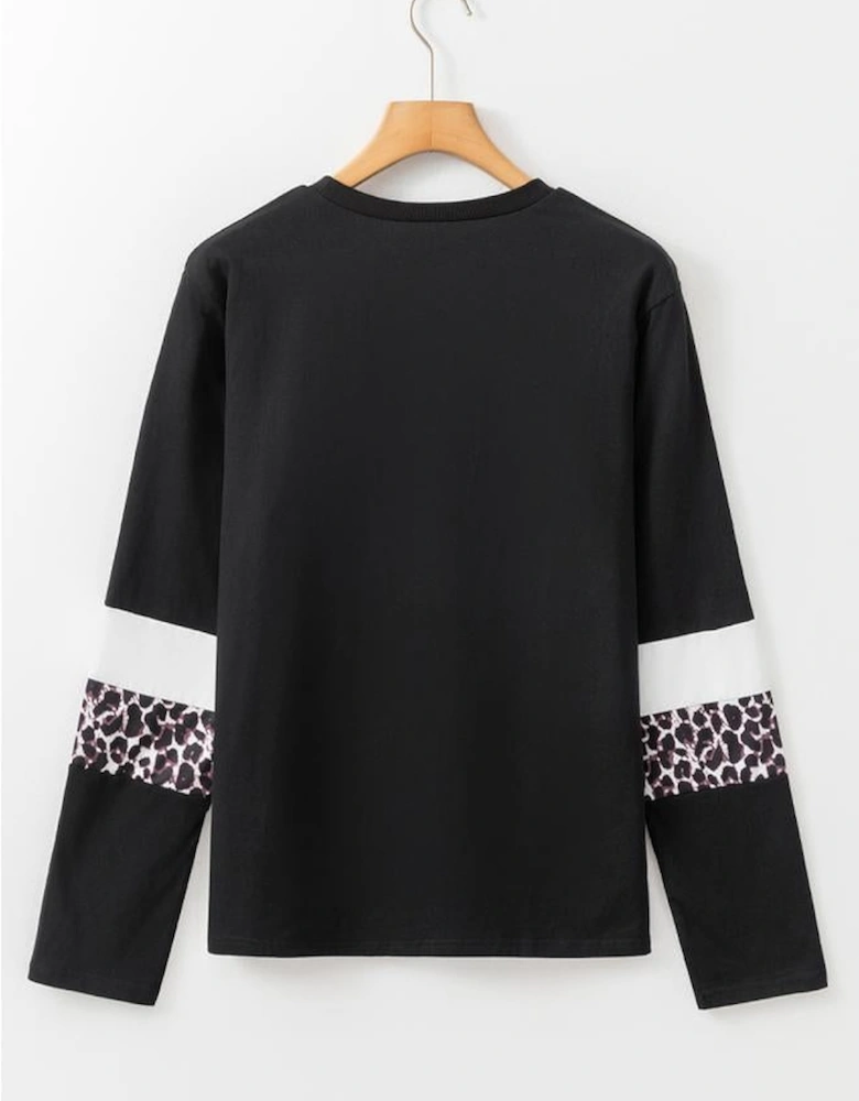 White Leopard Colorblock Patchwork Crew Neck Long Sleeve Tee