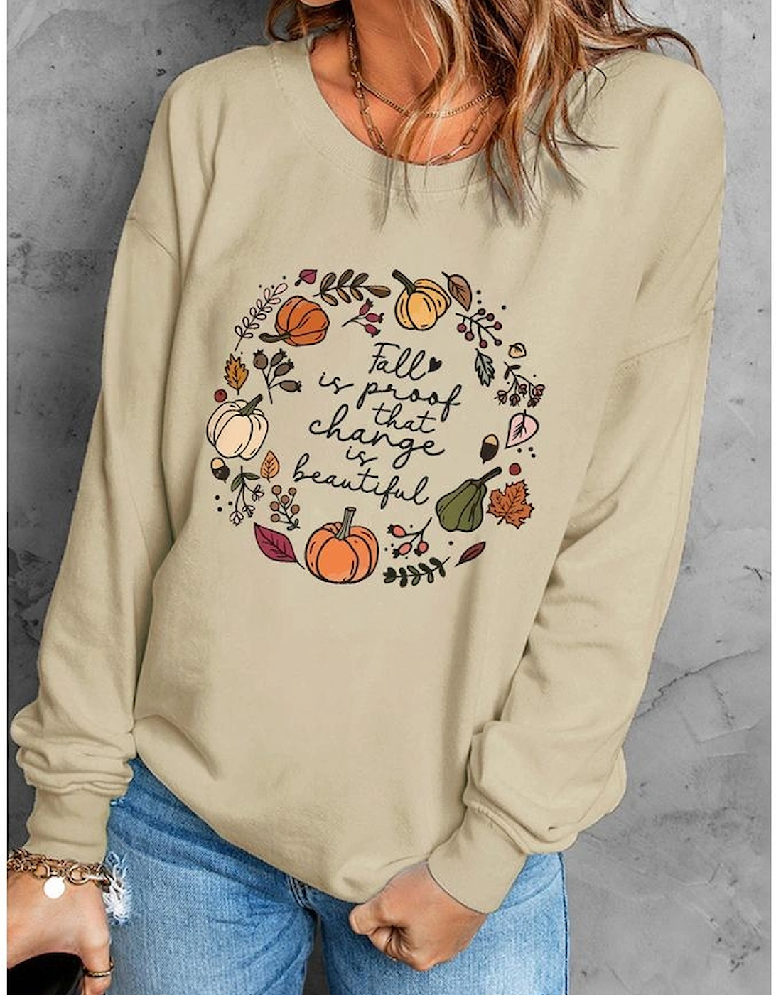 Khaki Fall Vibe Pumpkin Print Round Neck Sweatshirt