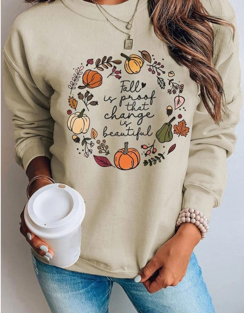Khaki Fall Vibe Pumpkin Print Round Neck Sweatshirt