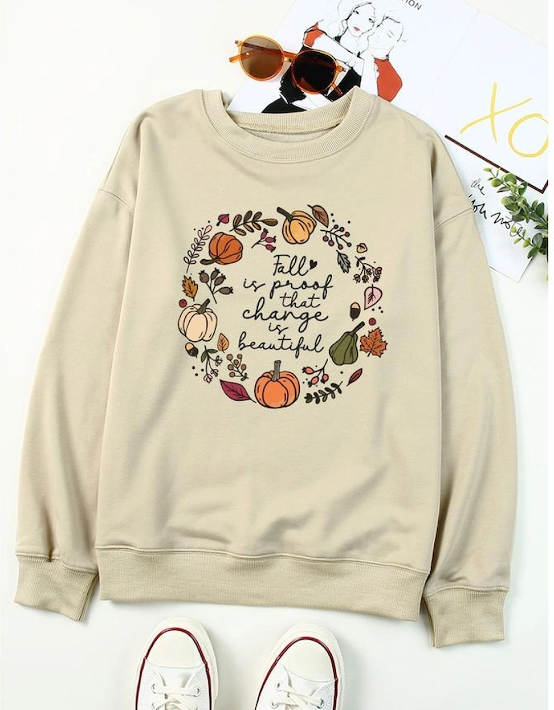 Khaki Fall Vibe Pumpkin Print Round Neck Sweatshirt