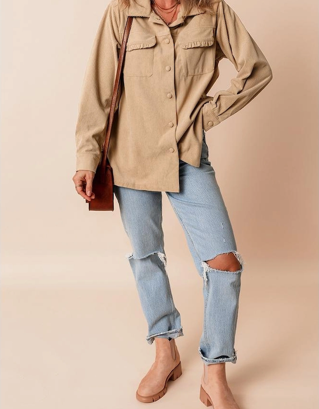 Light French Beige Solid Frilled Flap Pocket Button Up Corduroy Shacket