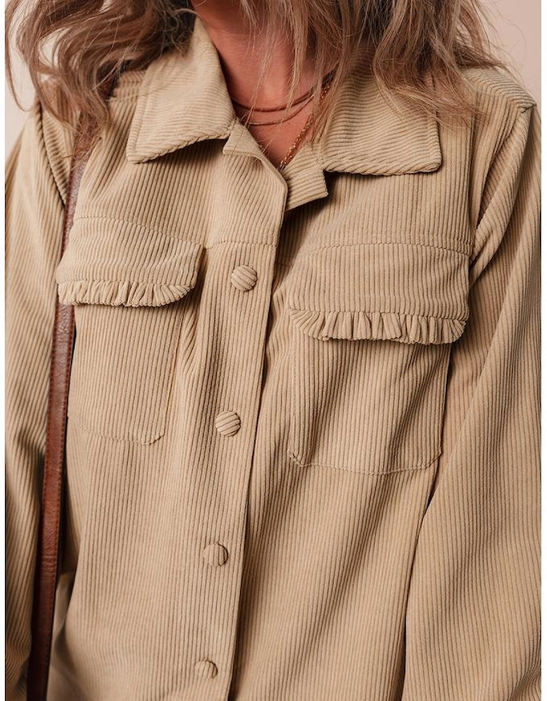 Light French Beige Solid Frilled Flap Pocket Button Up Corduroy Shacket
