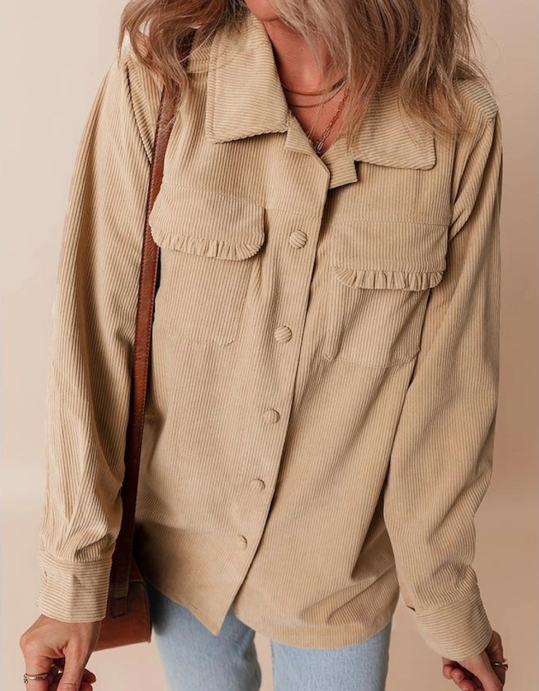 Light French Beige Solid Frilled Flap Pocket Button Up Corduroy Shacket