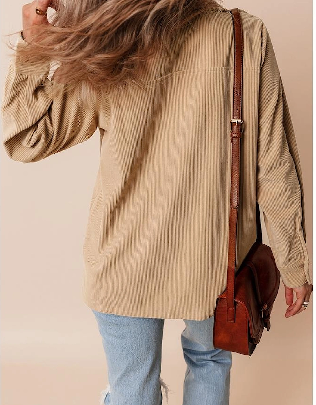 Light French Beige Solid Frilled Flap Pocket Button Up Corduroy Shacket, 16 of 15