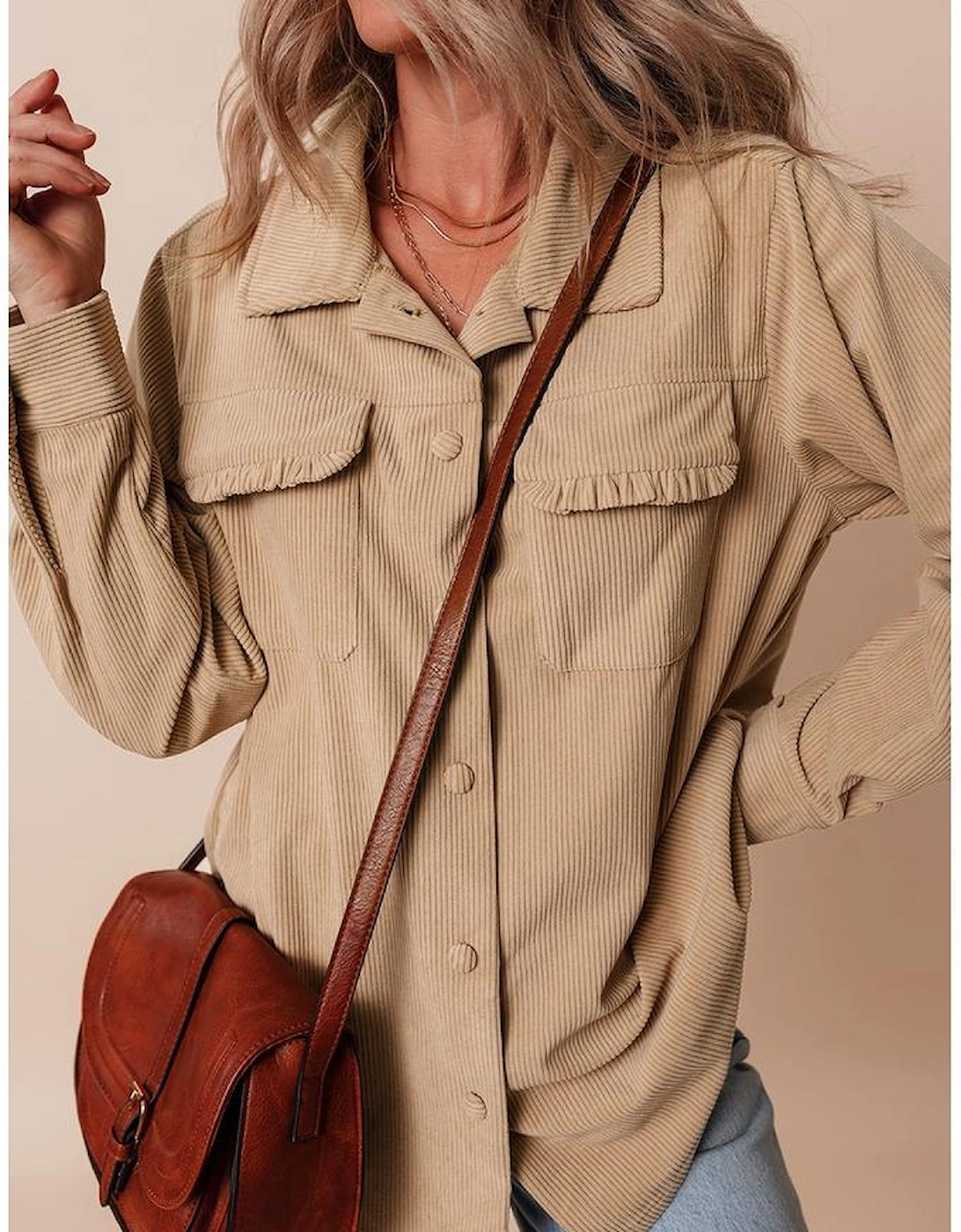 Light French Beige Solid Frilled Flap Pocket Button Up Corduroy Shacket