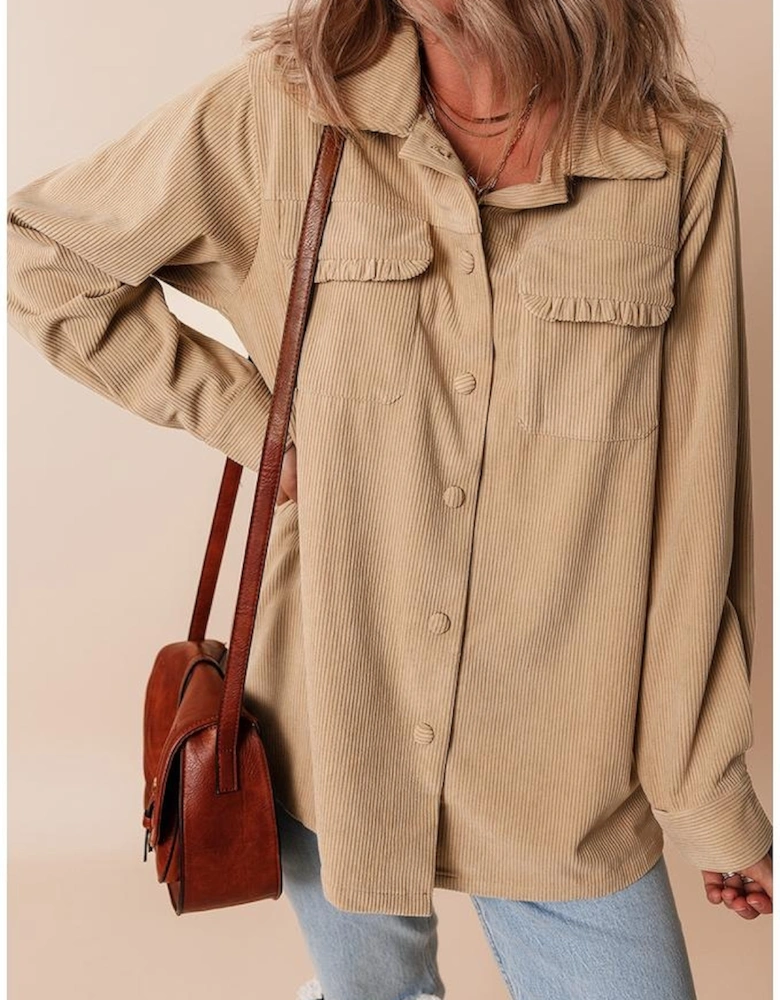 Light French Beige Solid Frilled Flap Pocket Button Up Corduroy Shacket