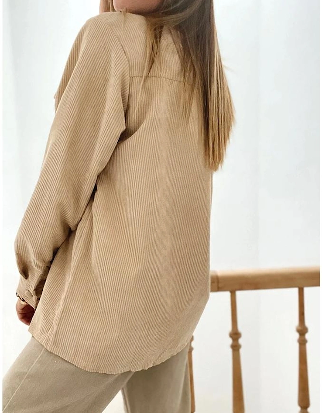 Light French Beige Solid Frilled Flap Pocket Button Up Corduroy Shacket