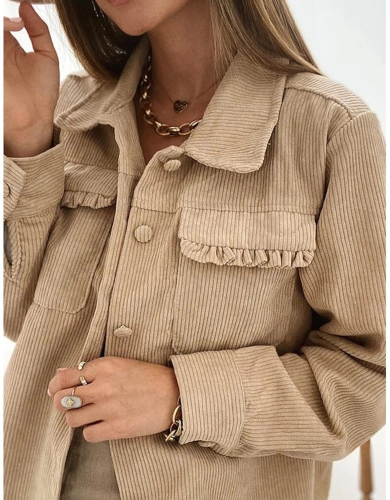 Light French Beige Solid Frilled Flap Pocket Button Up Corduroy Shacket