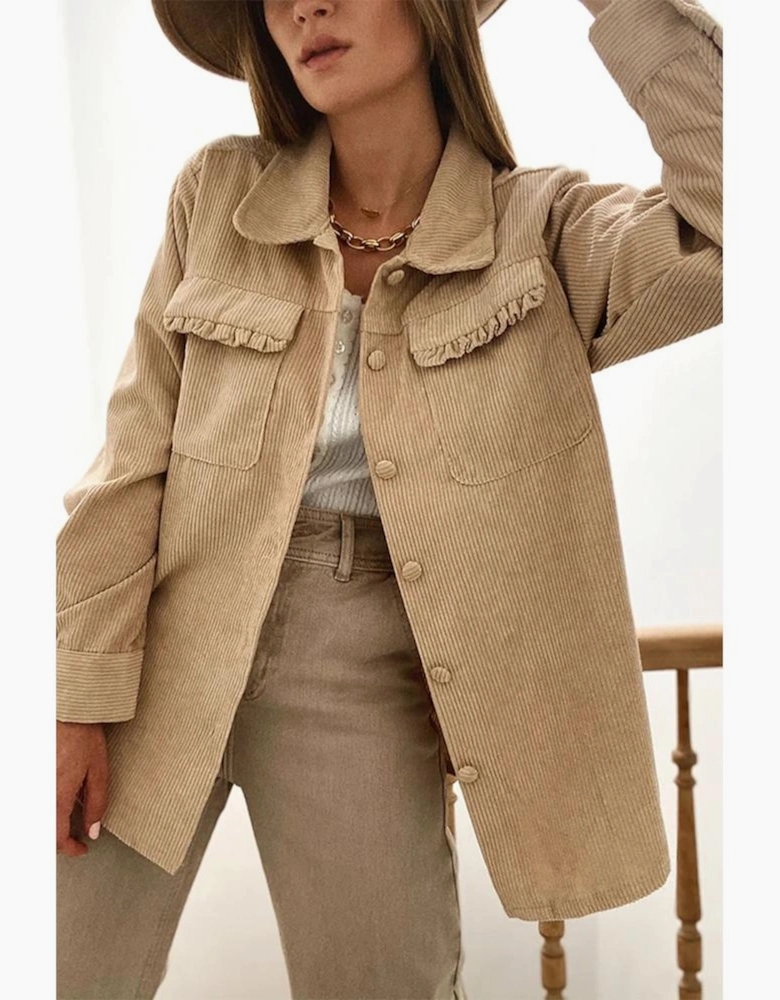 Light French Beige Solid Frilled Flap Pocket Button Up Corduroy Shacket