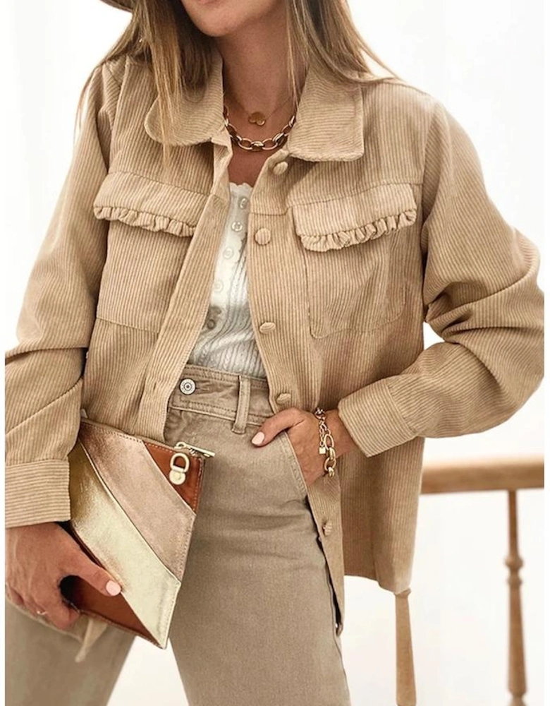Light French Beige Solid Frilled Flap Pocket Button Up Corduroy Shacket