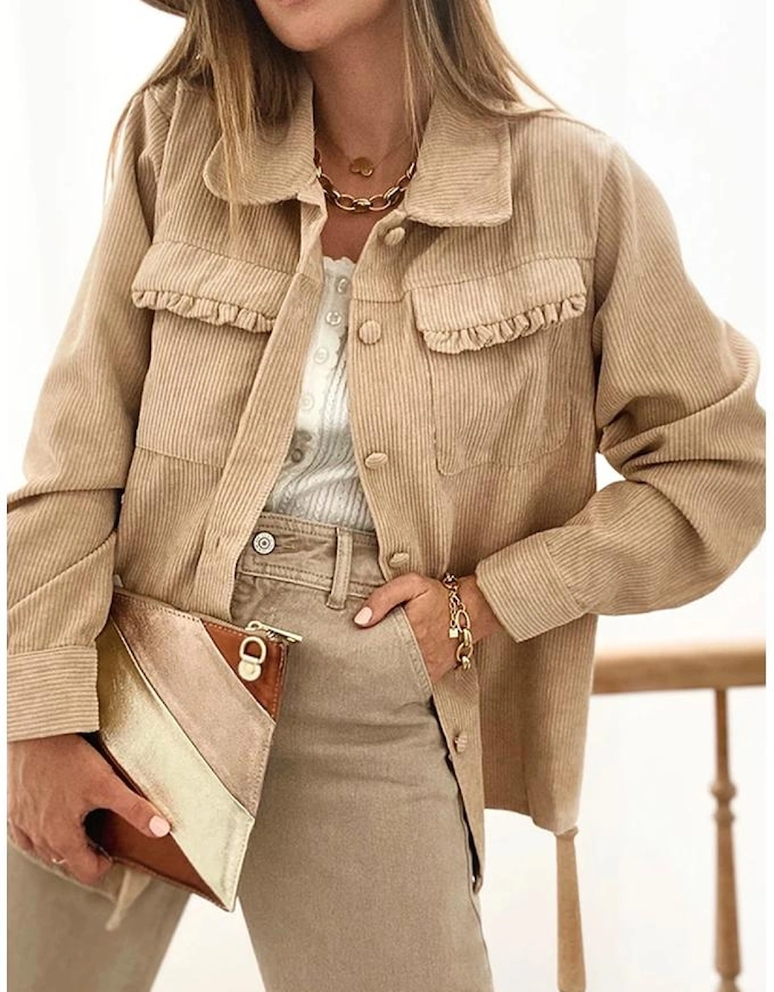 Light French Beige Solid Frilled Flap Pocket Button Up Corduroy Shacket