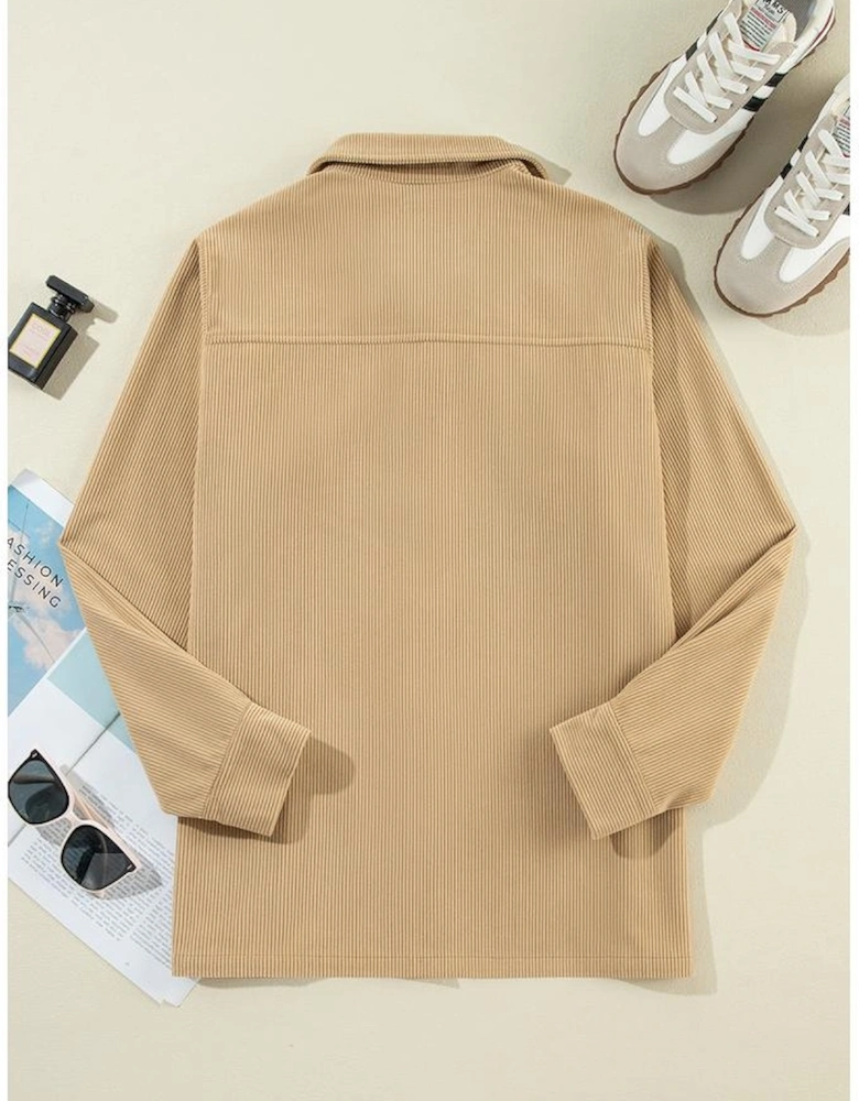 Light French Beige Solid Frilled Flap Pocket Button Up Corduroy Shacket