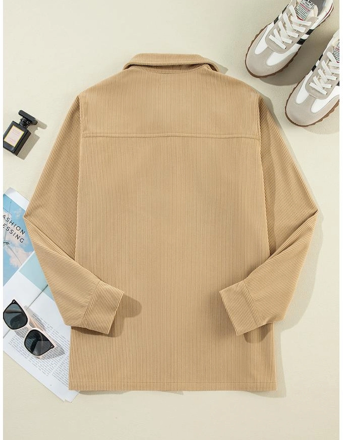 Light French Beige Solid Frilled Flap Pocket Button Up Corduroy Shacket