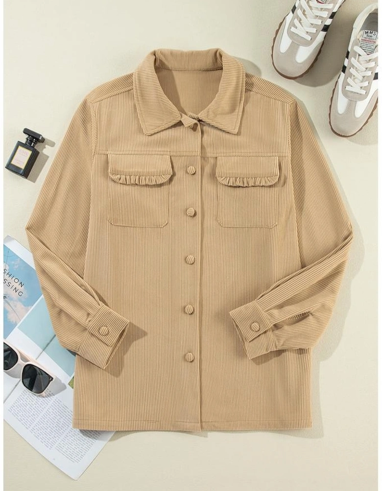 Light French Beige Solid Frilled Flap Pocket Button Up Corduroy Shacket